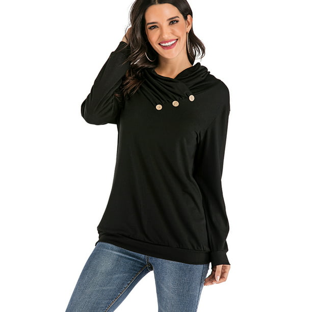 Womens Long Sleeve Cowl Neck Button Tunic Blouse Solid Color Casual Tops Shirt 